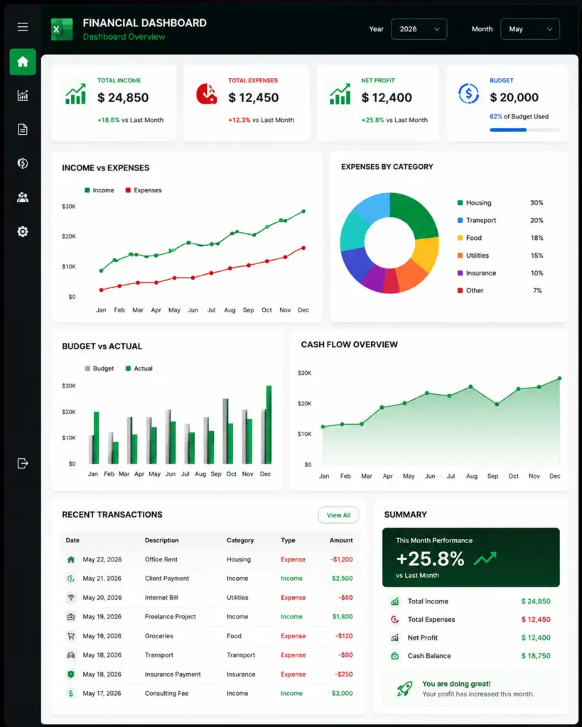 Financial Dashboard Overview in Excel with KPIs, revenue, expenses, budget tracking, charts and cash flow analysis by DigiFull.