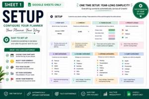 Google Sheets planner setup dashboard with customizable start date, currency, theme colors, categories, priorities, income and expense settings.