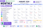 Google Sheets monthly calendar planner with color-coded events, appointments, reminders, notes, monthly focus, and category legend.