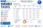Google Sheets variable task tracker with customizable categories, priorities, due dates, task status, filters, progress charts, and productivity dashboard.